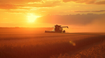 Fototapeta premium Combine Harvester Working on Soybean Field During Sunset, Agricultural Machinery in Action