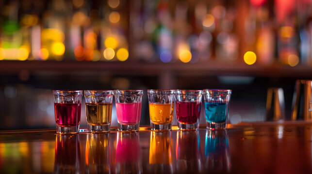 set of small colorful shooters cocktails on bar counter in nightclub, alcohol drink shots in a row, nightlife and party concept