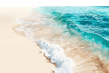 Experience the serenity of a pristine white sandy beach with crystal clear turquoise waters gently lapping at the shore against a clear white background.