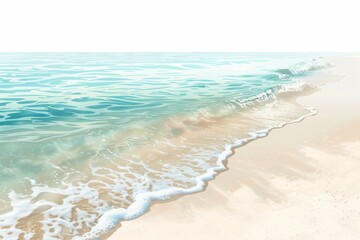 Experience the tranquility of a pristine white sandy beach, where crystal clear turquoise waters gently lap at the shore. This illustration captures serenity on a clear white background.