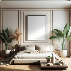 A bed in bedroom style interior set design have mockup poster empty white with and plants unique informative.