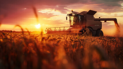 Fototapeta premium Combine Harvester Working on Soybean Field During Sunset, Agricultural Machinery in Action
