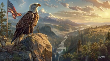 A majestic Bald Eagle perched on a rugged cliff, overlooking a vast and beautiful American landscape. The eagle's piercing eyes and powerful beak are detailed and lifelike - Powered by Adobe