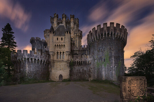 View of the main fa&ccedil;ade of Butron Castle in Gatika in the moonlight