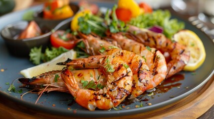 A plate of grilled freshwater prawns served with a side of tangy salad and grilled vegetables, creating a balanced and delicious meal.