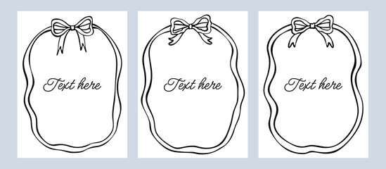 Set bow frames template with space for text. Hand drawn black oval frames with ribbon bows isolated on background. Border frame cards