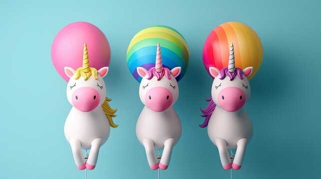 rainbow balloons unicorn wallpaper flat design front view whimsical animation vivid