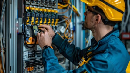Electrical technician measuring voltage in control panel with precision