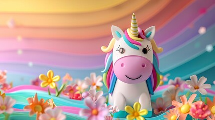 Naklejka premium rainbow flowers unicorn wallpaper flat design front view whimsical animation vivid
