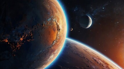 Obraz premium Fantasy space illustration with planets and stars, unique astronomical abstract background wallpaper