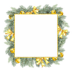 watercolor frame with Christmas tree with golden Christmas bells, bows, beads, hand drawn sketch of green fir branches with Christmas tree toys, on white background, winter illustration