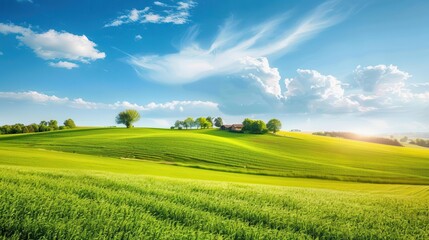 Fototapeta premium Rolling Farmland Rolling farmland with crops, barns, and a blue sky, Super cool and nice background, realistic photo stockphoto style