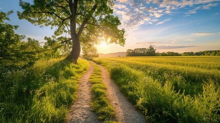 Fototapeta premium Rural Pathway A dirt pathway through a rural landscape with fields and trees, Super cool and nice background, realistic photo stockphoto style