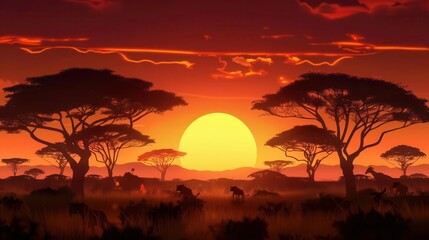 Savannah Sunset A stunning sunset over the African savannah with silhouettes of acacia trees, Super cool and nice background, realistic photo stockphoto style