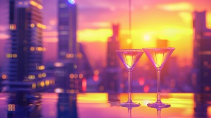 two colorful drinks in martini glass and big night city background, illuminated light skyline with skyscrapers, nightclub and party concept