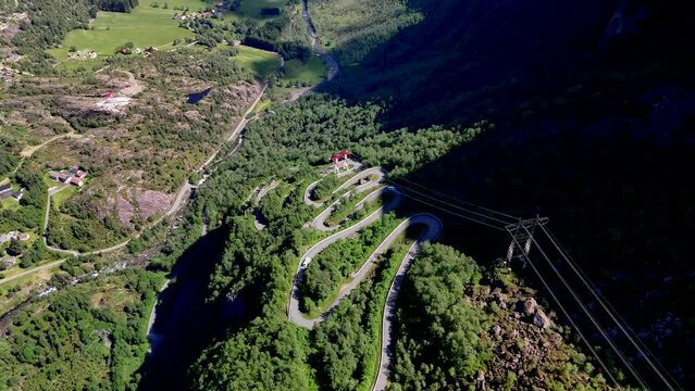 Aerial view of the curved road to Lysebotn in Norway, Lysefjord on a beautiful summer day with a blue sky