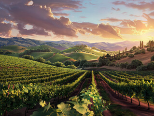 Vineyards on Rolling Hills, Generative AI Illustration