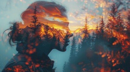 Blissful Journey into the Unknown - Double Exposure Silhouette with Stunning Scenic Background and Copy Space for Text.