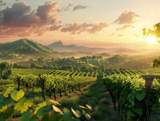 Vineyards on Rolling Hills, Generative AI Illustration