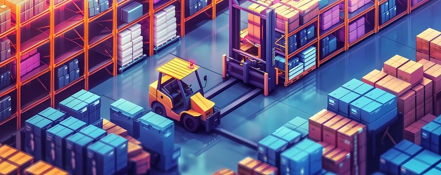Flat design manufacturing technology with automated warehouse, robotic forklifts, and inventory management