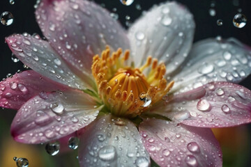Rain against Beautiful Bloomed White and Purple Flower, covered in focused water droplets