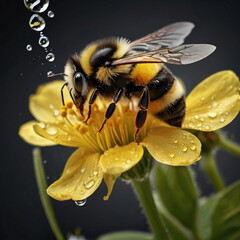 Bumblebee Pollinating Small Yellow Flower with water droplets falling, focused image of blooming flower outdoors in spring, home gardening flora