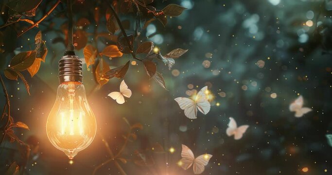 A light bulb hanging from leaves, glowing butterflies flying around it, dark background, cinematic lighting, beautiful.