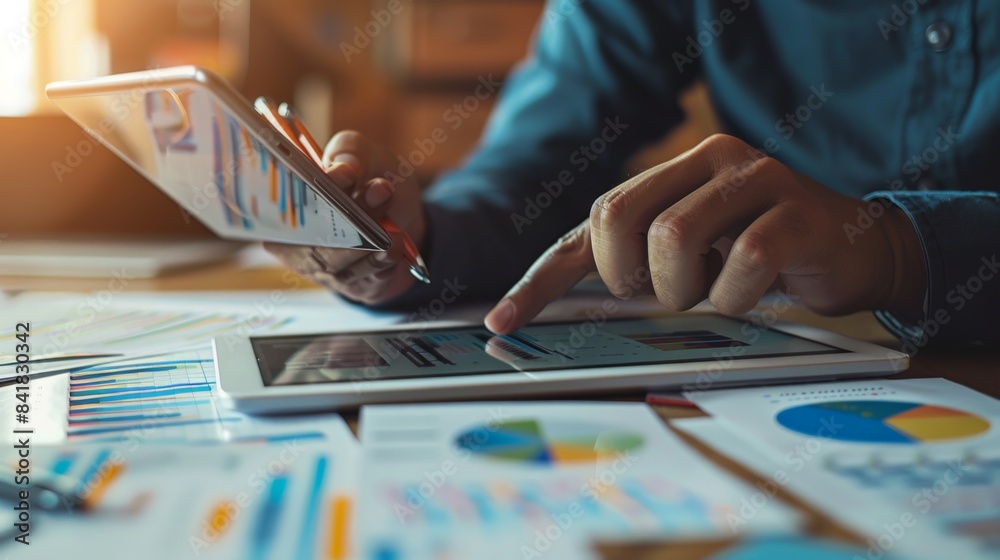 Leinwandbilder a professional analyzing a graph on a tablet, with additional financial documents spread out on the 