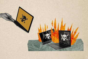Composite photo collage of hand throw macbook bonfire flame broke utilization skull hacking cyberattack isolated on painted background
