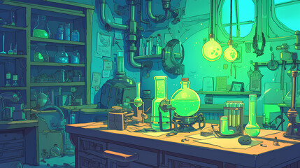green potion bottles in laboratory background
