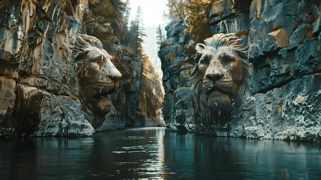 Two lion heads made of stone standing on either side of the river, guarding the entrance to the gorge. a secret passage to a lost place.