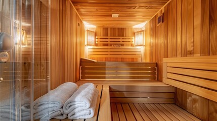 Fototapeta premium An empty wooden sauna interior with towels on a bench.