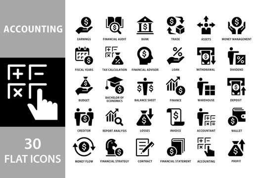Accounting Black and White Flat Icons Set