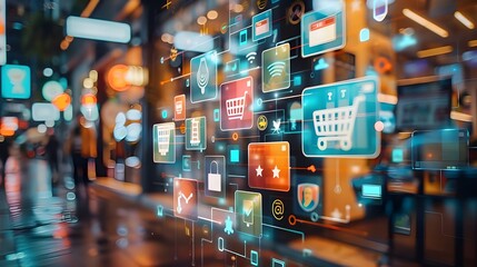 Retail marketing channels, E-commerce shopping concept. Smart retail technology and omni channel, online retail shopping and omni digital app.