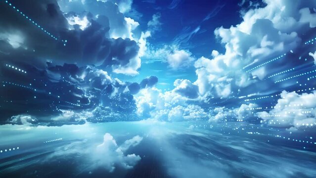 A boundless sky filled with shifting clouds of data representing the limitless potential of zettabytes.