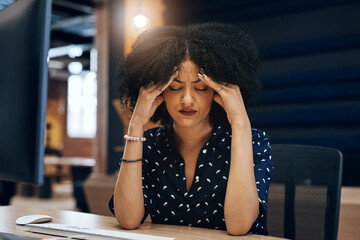 Black woman, headache and stress at night with anxiety, depression or burnout at office. Tired African, female person or young employee working late with migraine in financial crisis, debt or mistake