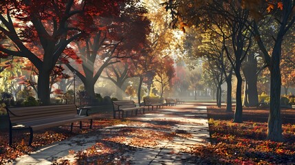 Autumn Splendor in the Park A Tranquil Scene of Vibrant Foliage and Winding Pathways