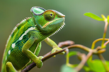 Obraz premium Green chameleon lizard on branch