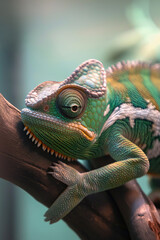 Obraz premium Green chameleon lizard on branch
