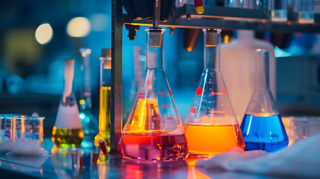 Colorful laboratory glassware and equipment for scientific experiments and chemical research in a modern academic or university setting