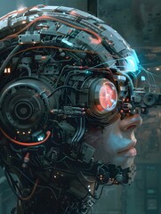 Fototapeta premium Futuristic Cyborg with Advanced Robotic Implants and Augmented Intelligence Interface