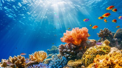 Naklejka premium Underwater portrait of scuba diver exploring the sea