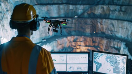 showcasing drones surveying a mine site from above, with digital maps and data analytics visible on computer screens, emphasizing the role of technology in modern mining 