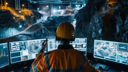 showcasing drones surveying a mine site from above, with digital maps and data analytics visible on computer screens, emphasizing the role of technology in modern mining 