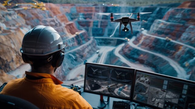 showcasing drones surveying a mine site from above, with digital maps and data analytics visible on computer screens, emphasizing the role of technology in modern mining