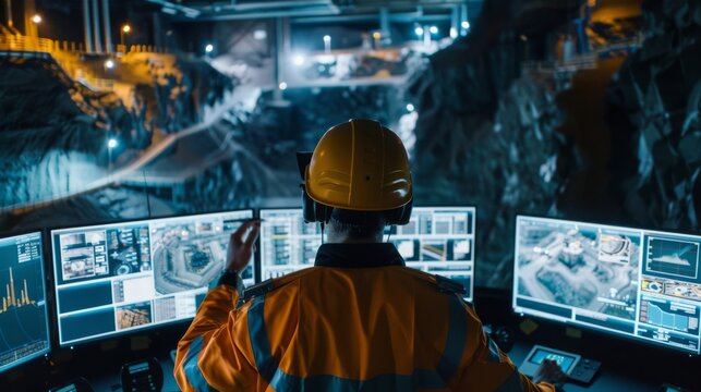 showcasing drones surveying a mine site from above, with digital maps and data analytics visible on computer screens, emphasizing the role of technology in modern mining
