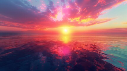 Fototapeta premium A radiant sunrise over a serene lake, with the water reflecting the vibrant colors of the dawn sky