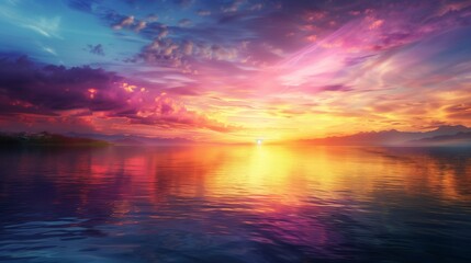 Fototapeta premium A radiant sunrise over a serene lake, with the water reflecting the vibrant colors of the dawn sky