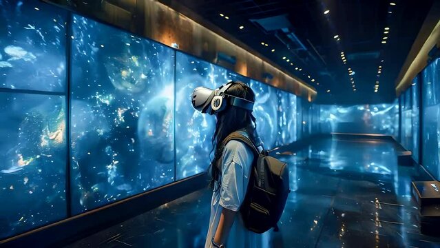 Virtual reality art gallery with immersive digital exhibits, visitors wearing VR headsets and exploring digital artworks