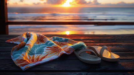 A sunset-themed towel and casual beach slippers on dark wooden planks, the backdrop showing the sun dipping below the ocean horizon, casting a golden glow.